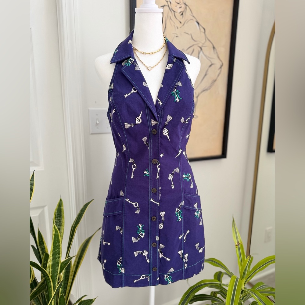 Anthropologie Maeve Amelia Collared Navy Sleeveless Dress with Key Motif.